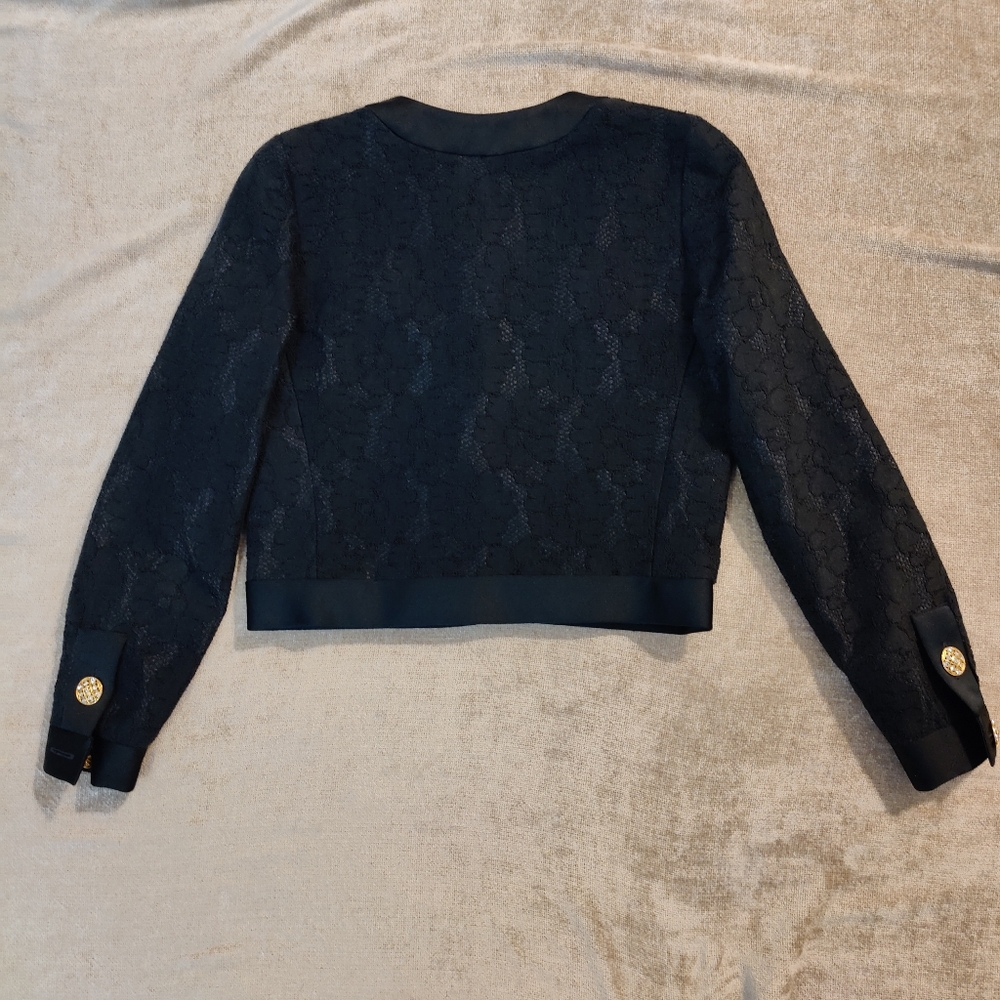 Little Black Lace Jacket with Gold Rhinestone Buttons, Size 4 - Picture 5 of 10